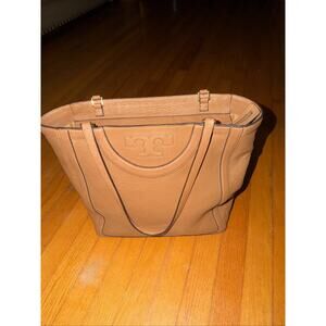 Tory Burch Large Tote Bag Leather Brown Zipper Top Large Logo Interior Pockets